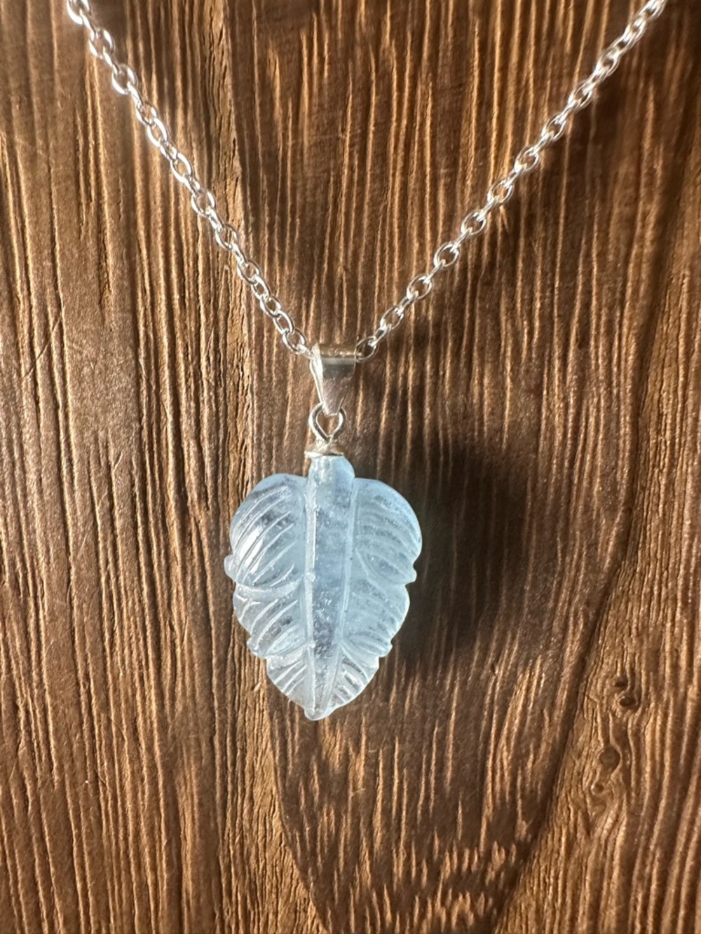 Small Aquamarine Leaf Pendant on Sterling Silver Bail and Silver Plated Chain